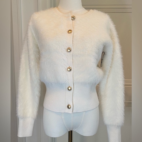 Bailey 44 Jackets & Blazers - Bailey 44 Ivory Fuzzy Cardigan Sweater XS with Gold Buttons NWT